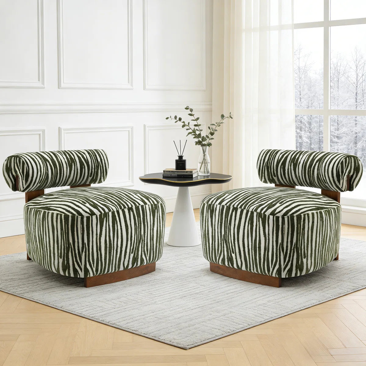 2-Pieces Zebra Strips Accent Chair With Cylindrical Back Chenille Upholstered Cozy Chair With Wood Frame Cute Chair For Living Room, Bedroom (Set of 2)