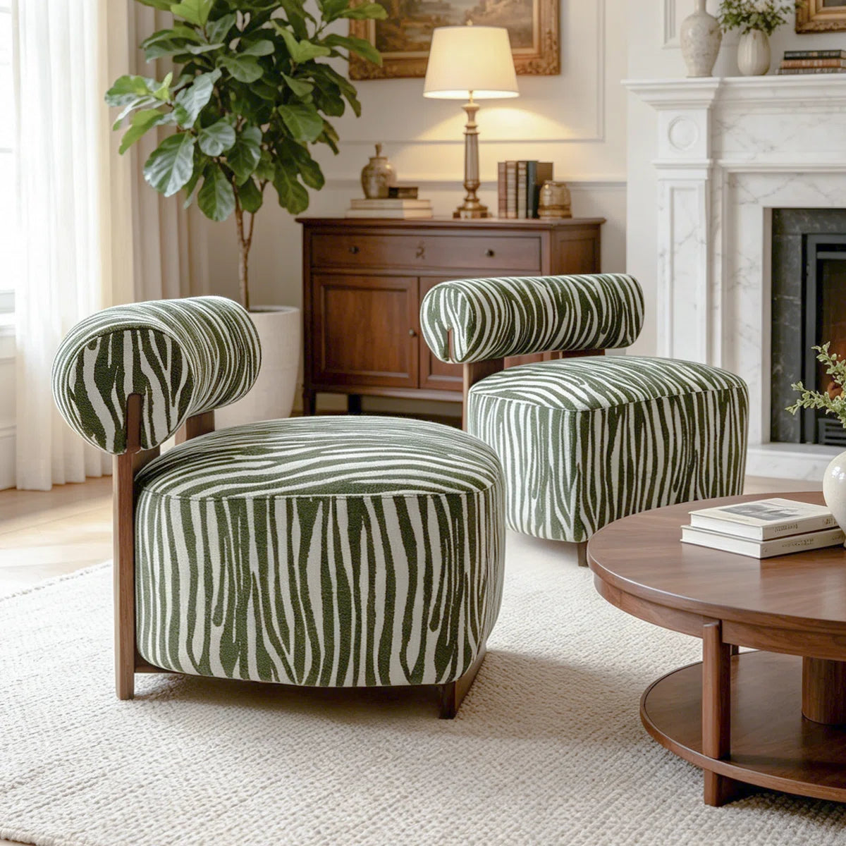2-Pieces Zebra Strips Accent Chair With Cylindrical Back Chenille Upholstered Cozy Chair With Wood Frame Cute Chair For Living Room, Bedroom (Set of 2)