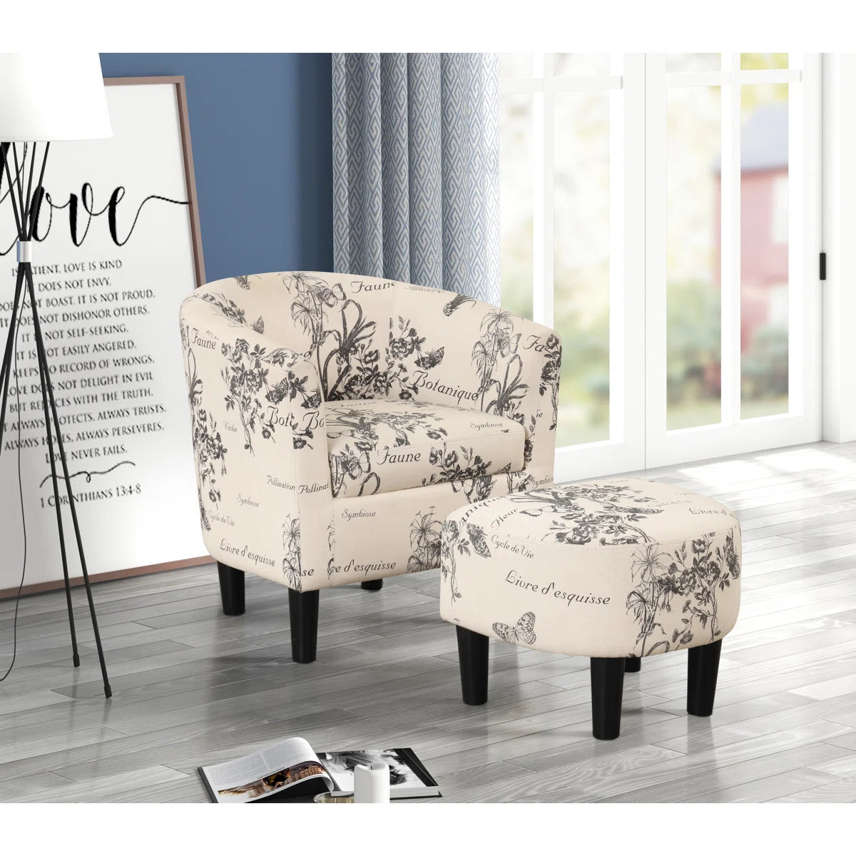 25" W Modern Minimalist Upholstered Barrel Chair And Ottoman (Set of 2) (Set of 2)