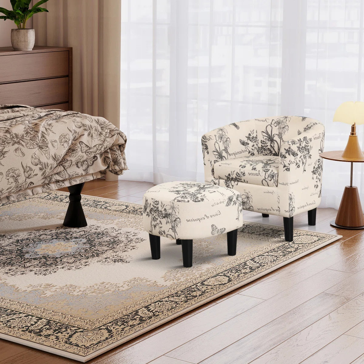 25" W Modern Minimalist Upholstered Barrel Chair And Ottoman (Set of 2) (Set of 2)