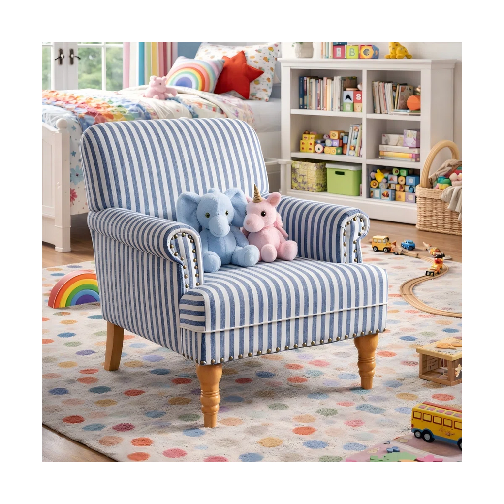 Striped Upholstered Wooden Chair with Rolled Arm
