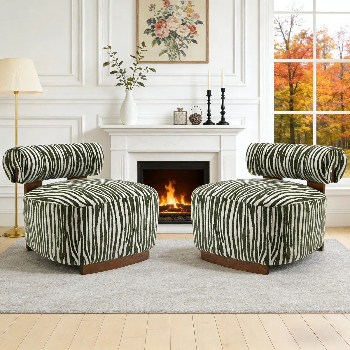 2-Pieces Zebra Strips Accent Chair With Cylindrical Back Chenille Upholstered Cozy Chair With Wood Frame Cute Chair For Living Room, Bedroom (Set of 2)