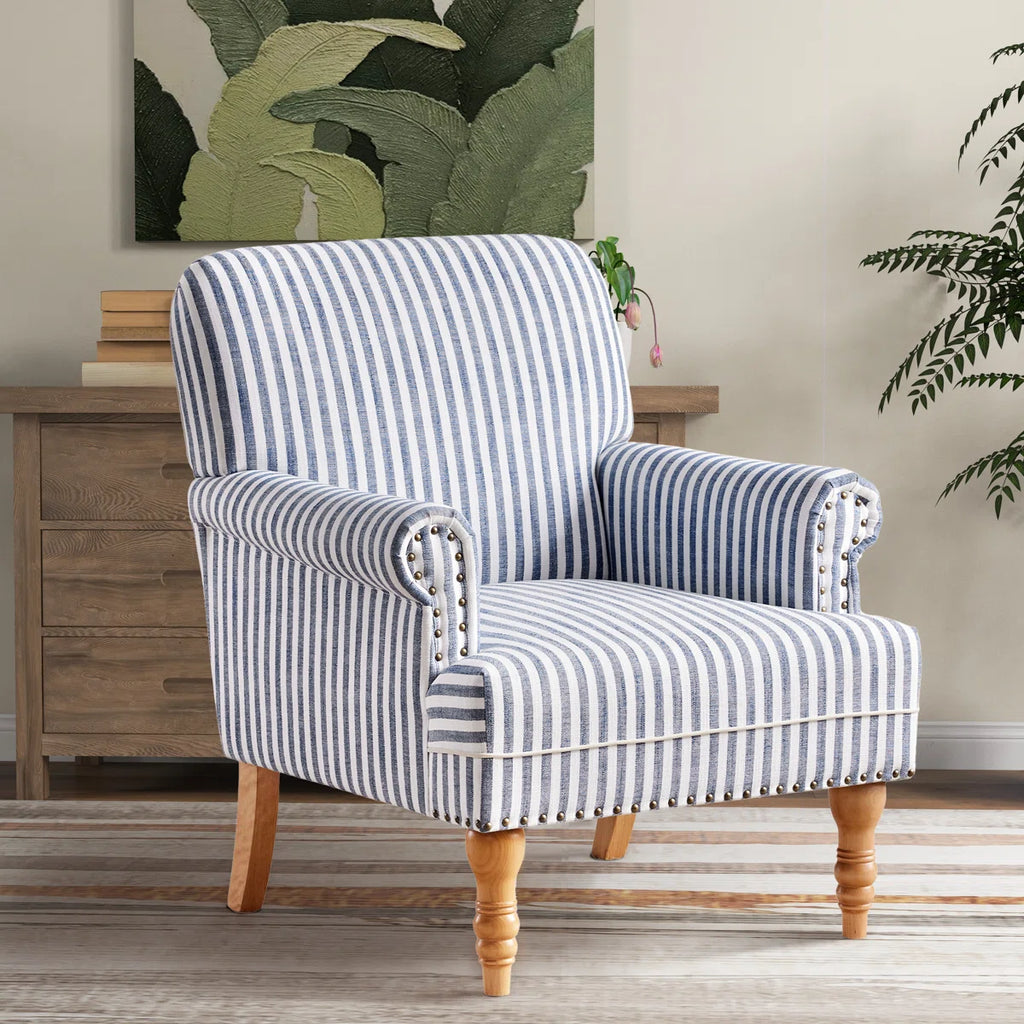 Striped Upholstered Wooden Chair with Rolled Arm