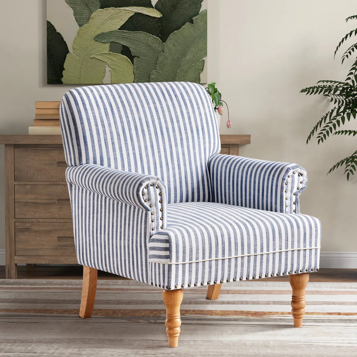 Striped Upholstered Wooden Chair with Rolled Arm