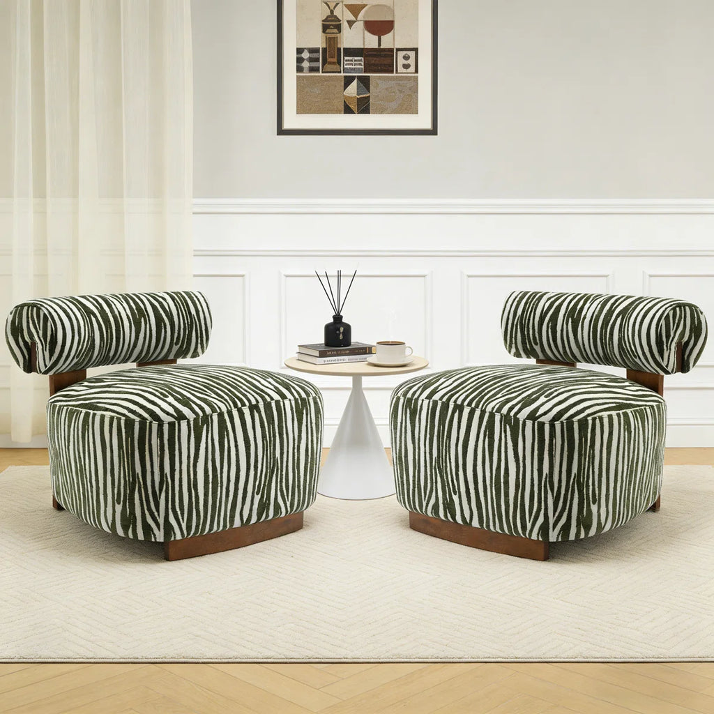 2-Pieces Zebra Strips Accent Chair With Cylindrical Back Chenille Upholstered Cozy Chair With Wood Frame Cute Chair For Living Room, Bedroom (Set of 2)