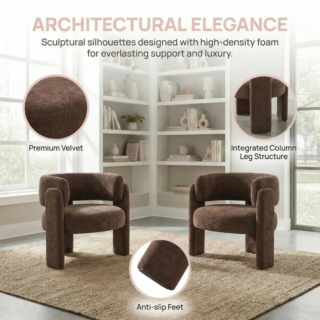 Mid Century Modern Upholstered Barrel Accent Chair (Set of 2, BROWN） (Set of 2)