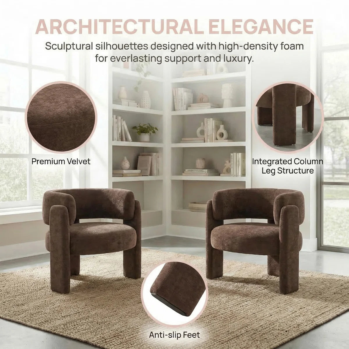Mid Century Modern Upholstered Barrel Accent Chair (Set of 2, BROWN） (Set of 2)