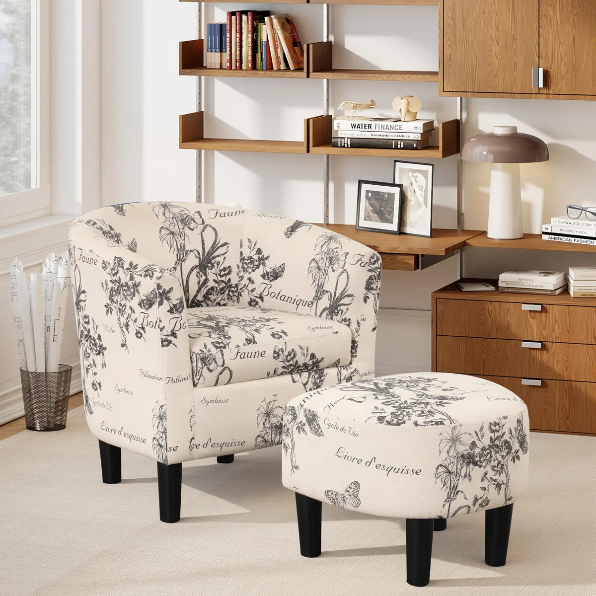 25" W Modern Minimalist Upholstered Barrel Chair And Ottoman (Set of 2) (Set of 2)