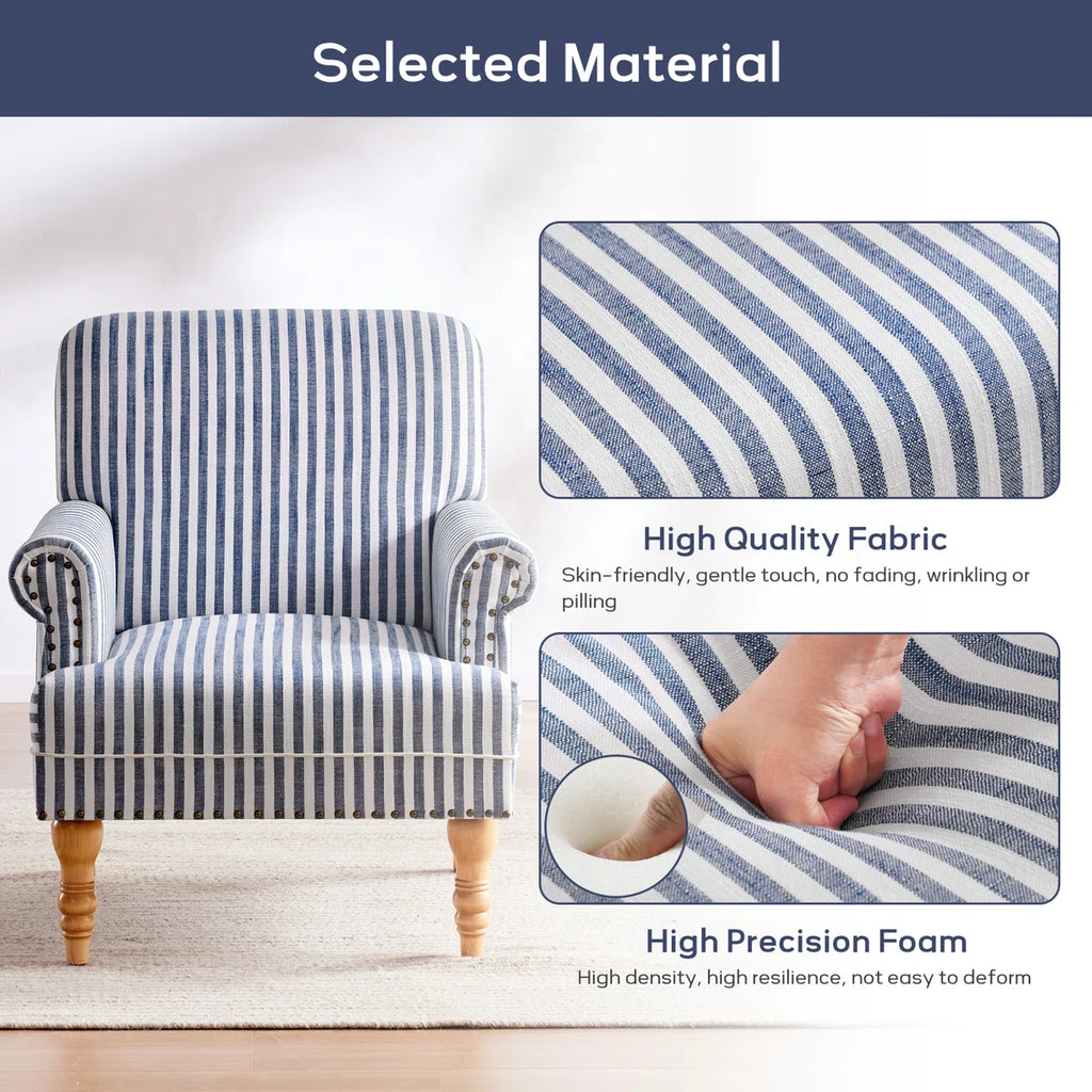 Striped Upholstered Wooden Chair with Rolled Arm