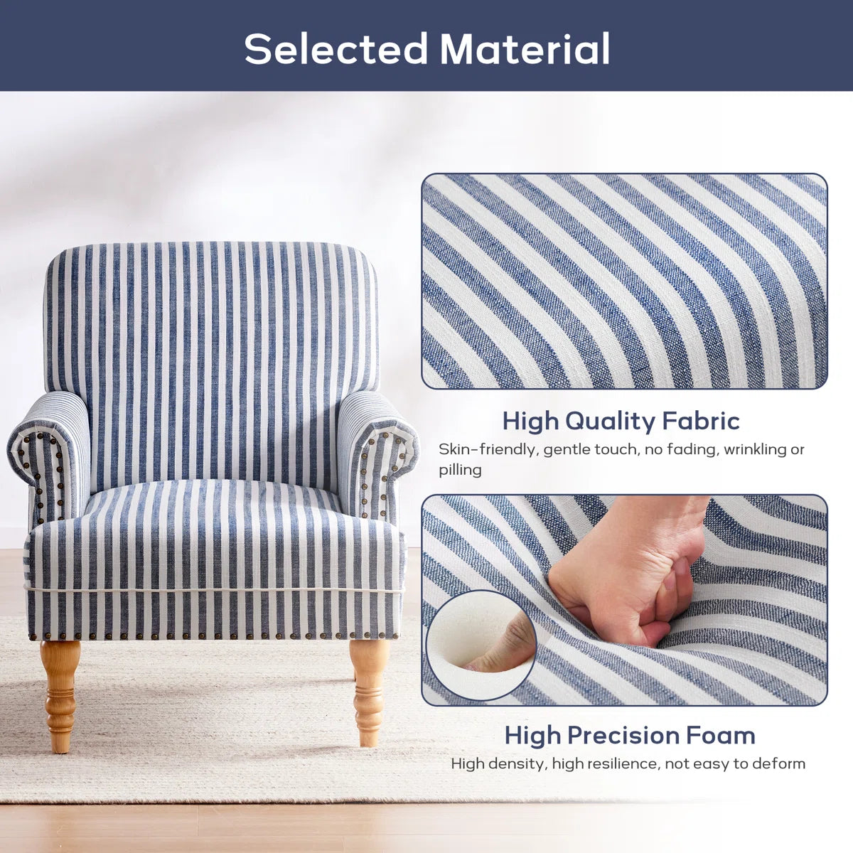 Striped Upholstered Wooden Chair with Rolled Arm