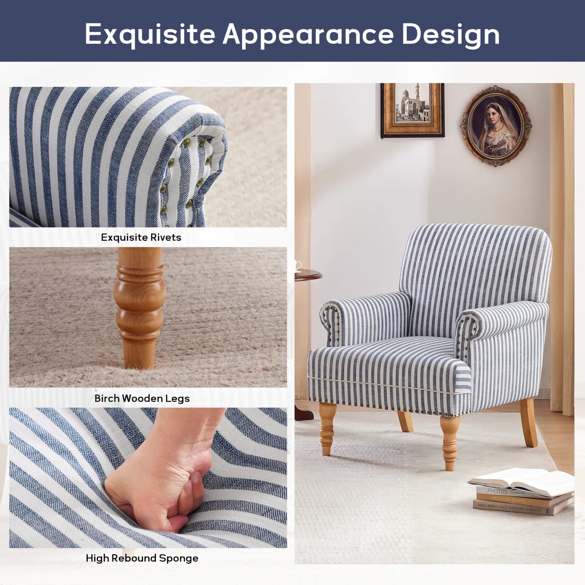 Striped Upholstered Wooden Chair with Rolled Arm