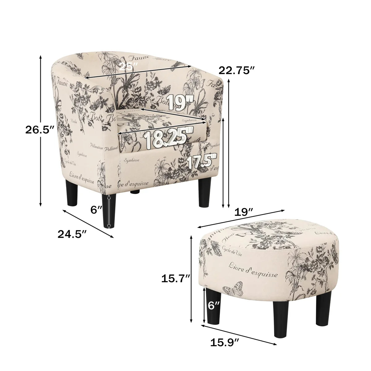 25" W Modern Minimalist Upholstered Barrel Chair And Ottoman (Set of 2) (Set of 2)