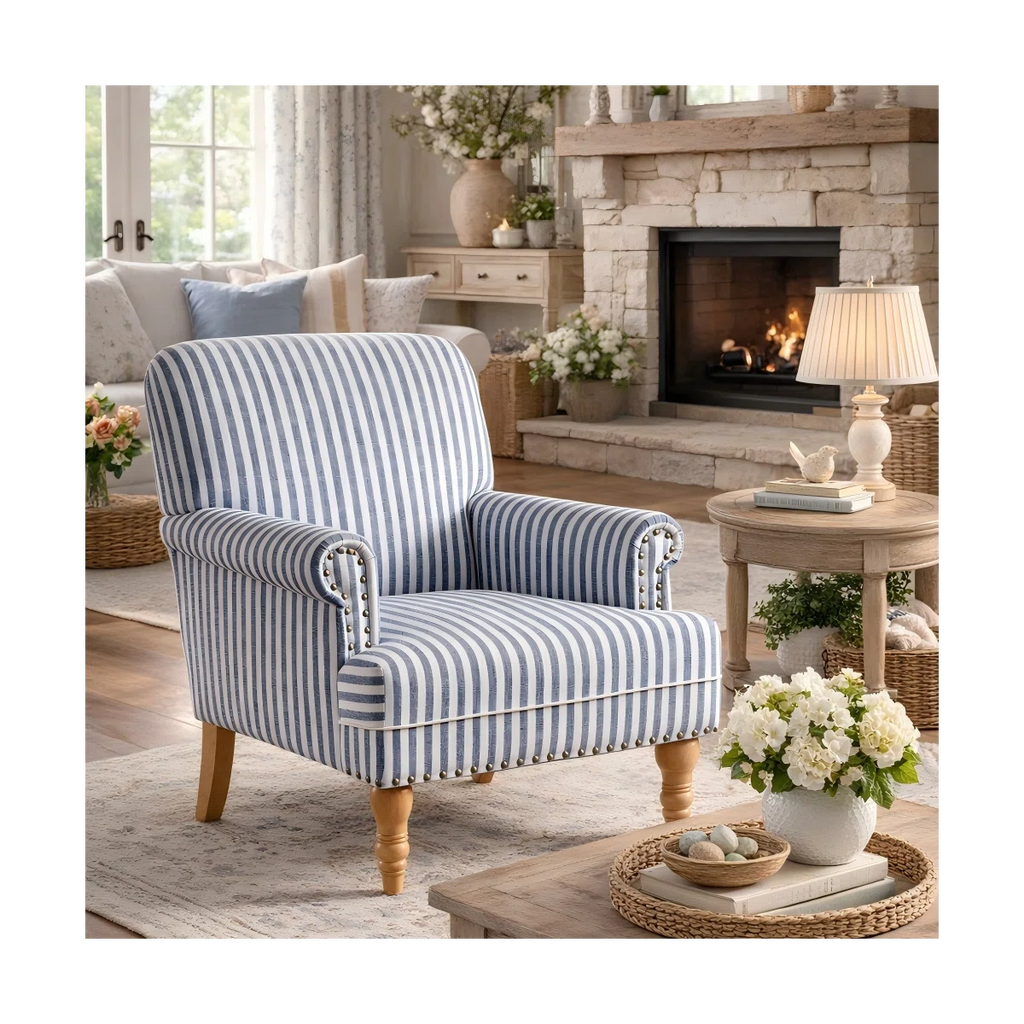 Striped Upholstered Wooden Chair with Rolled Arm