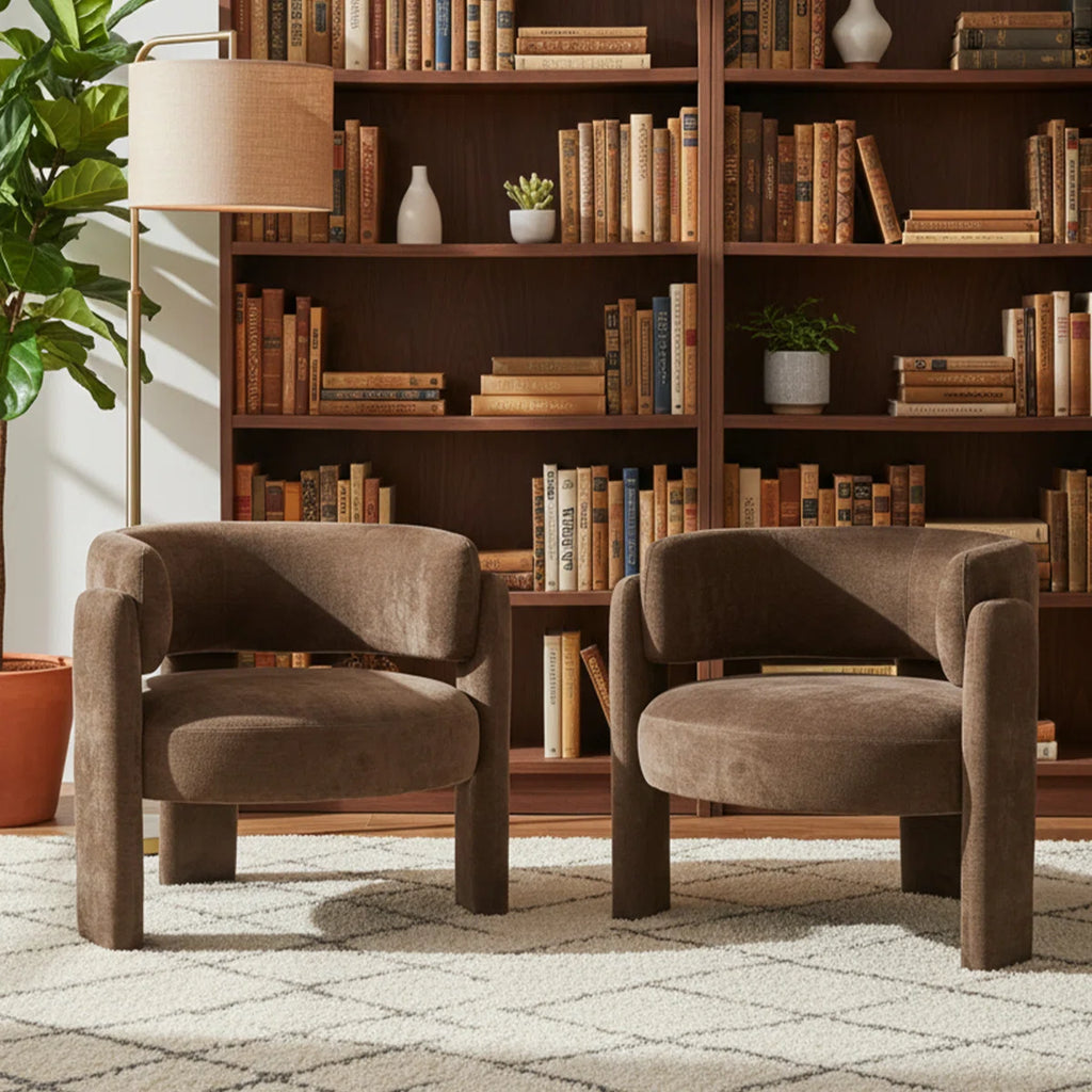 Mid Century Modern Upholstered Barrel Accent Chair (Set of 2, BROWN） (Set of 2)